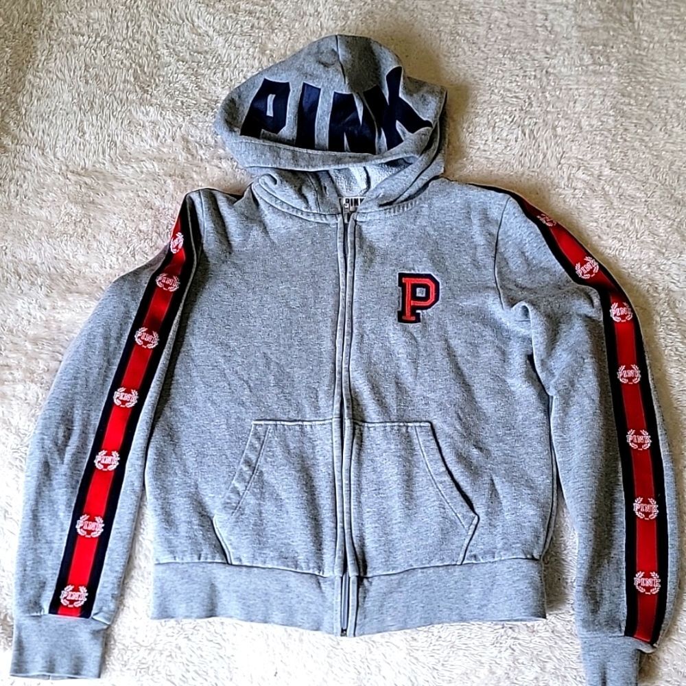 Pink by Victoria Secret zip‎ hoodie grey red logo XS